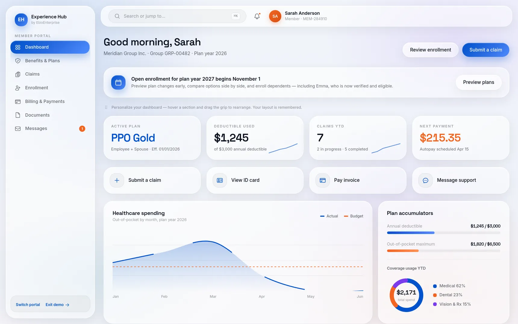 EbixEnterprise Experience Hub dashboard
